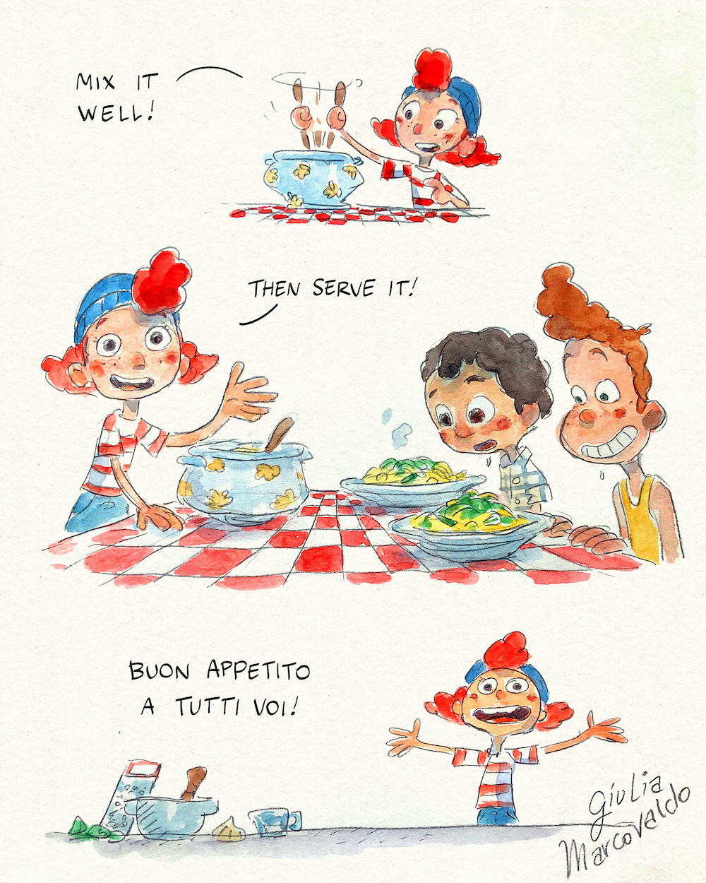 illustation: mic it well, then serve it, buon appetito a tutti voi — Giulia Marcovaldo 