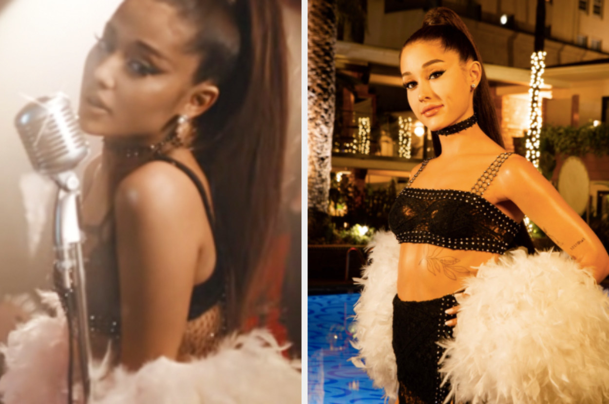 A side by side of Ariana in the &quot;Rule the World&quot; video with 2 Chainz and her newest wax figure wearing the same outfit
