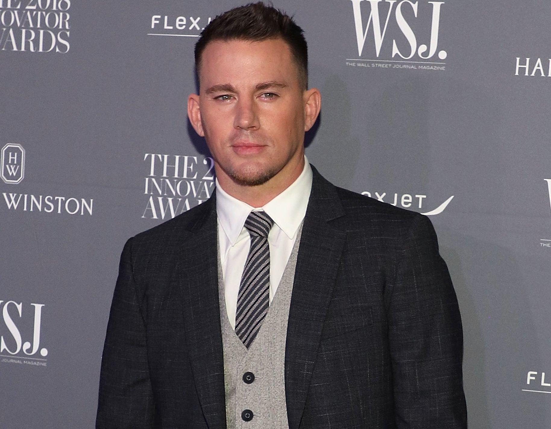 Channing looks serious in a slightly different suit