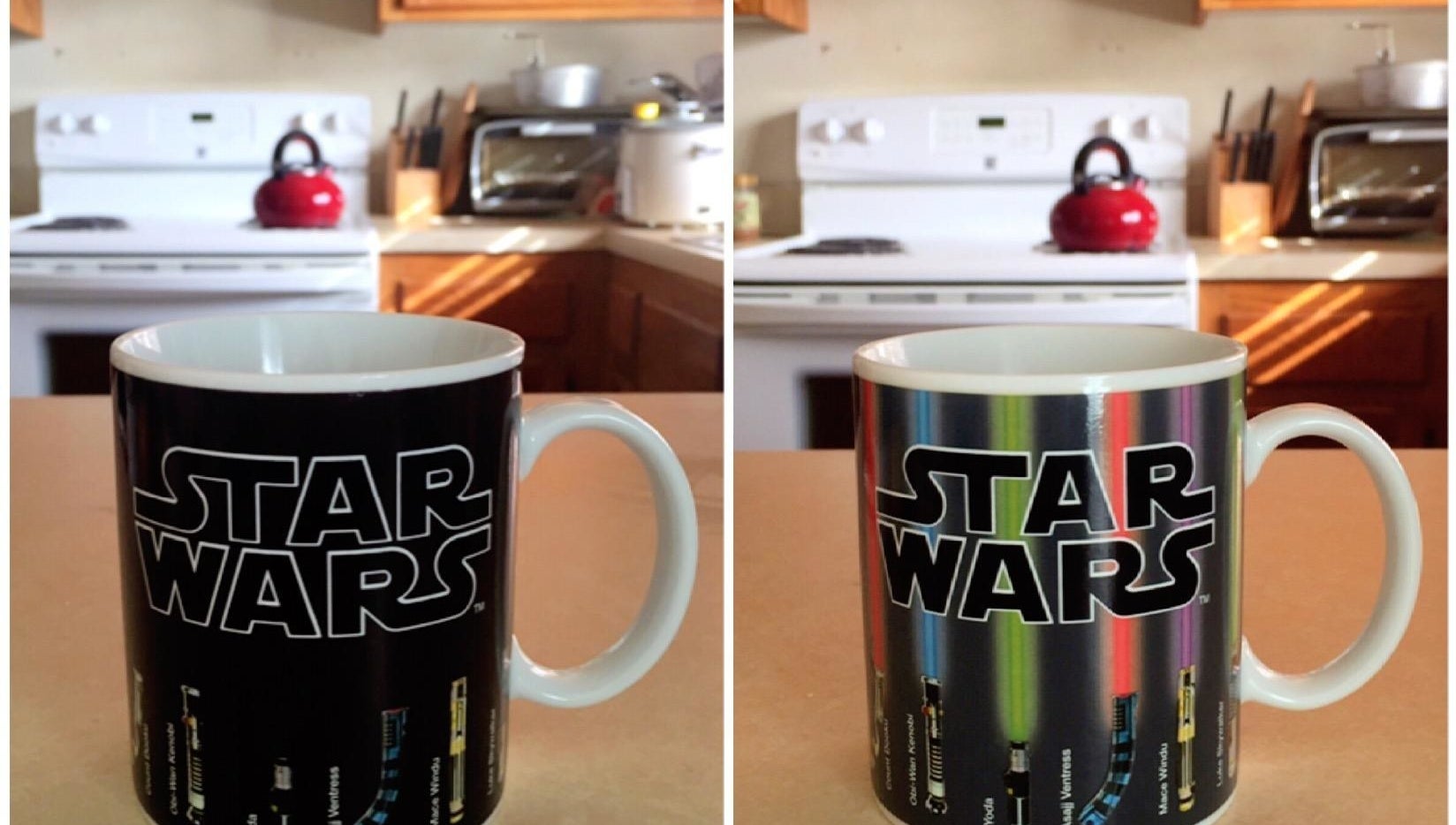 a split image of a black mug that says &quot;Star Wars&quot; on the left, and the same mug with different-colored lightsabers on it on the right 