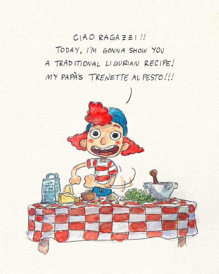 An illustration of Giulia from the movie saying &quot;ciao ragazzi today I&#x27;m gonna show you a traditional ligurian recipe! My papa&#x27;s trenette al pesto&quot;
