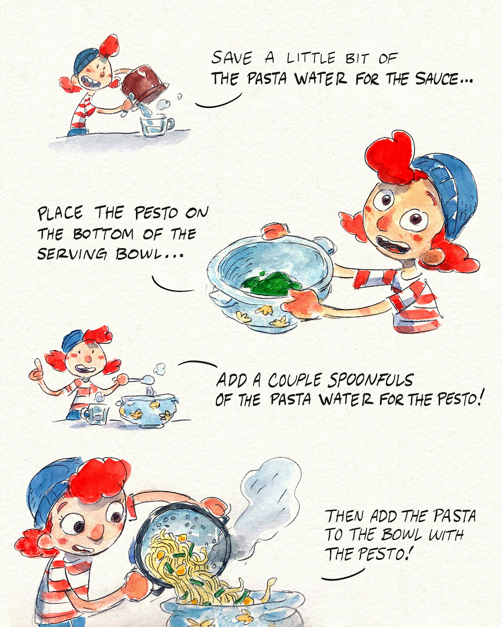illustration: place pesto and spoonfuls of pasta water in bottom of serving bowl, then add pasta and mix