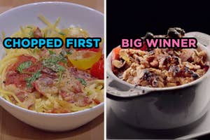 On the left, a bowl of spaghetti with veggies and cheese labeled