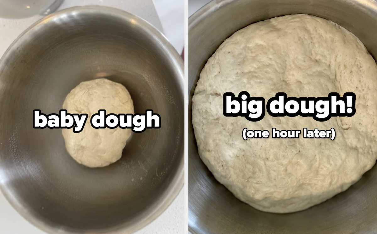 A before-and-after of dough rising