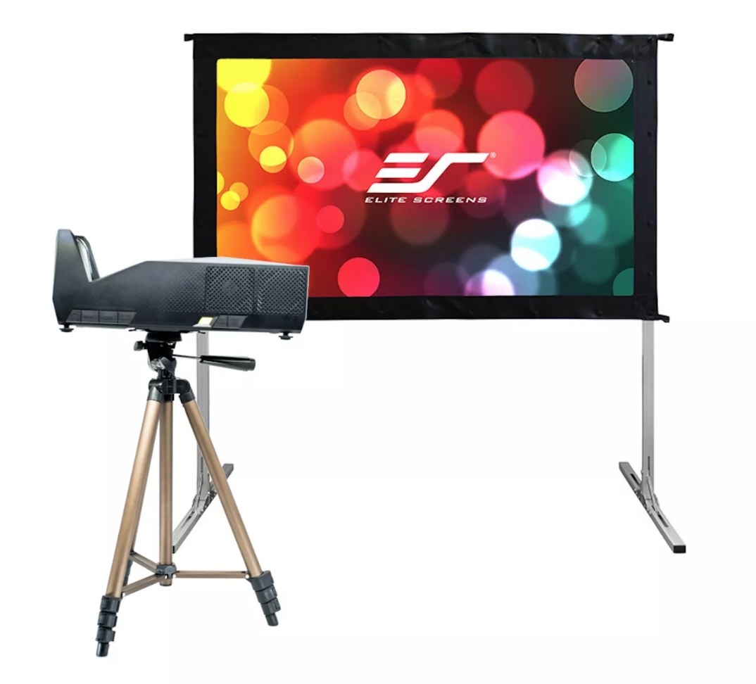 Projector screen with projector on tripod 