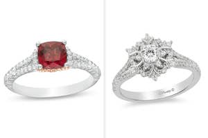 Red stone engagement ring and diamond engagement ring with a snowflake shape