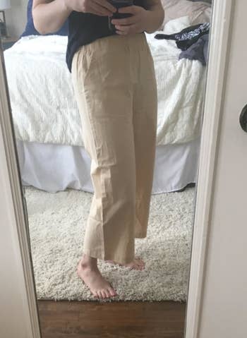 Reviewer wearing the pants in cream