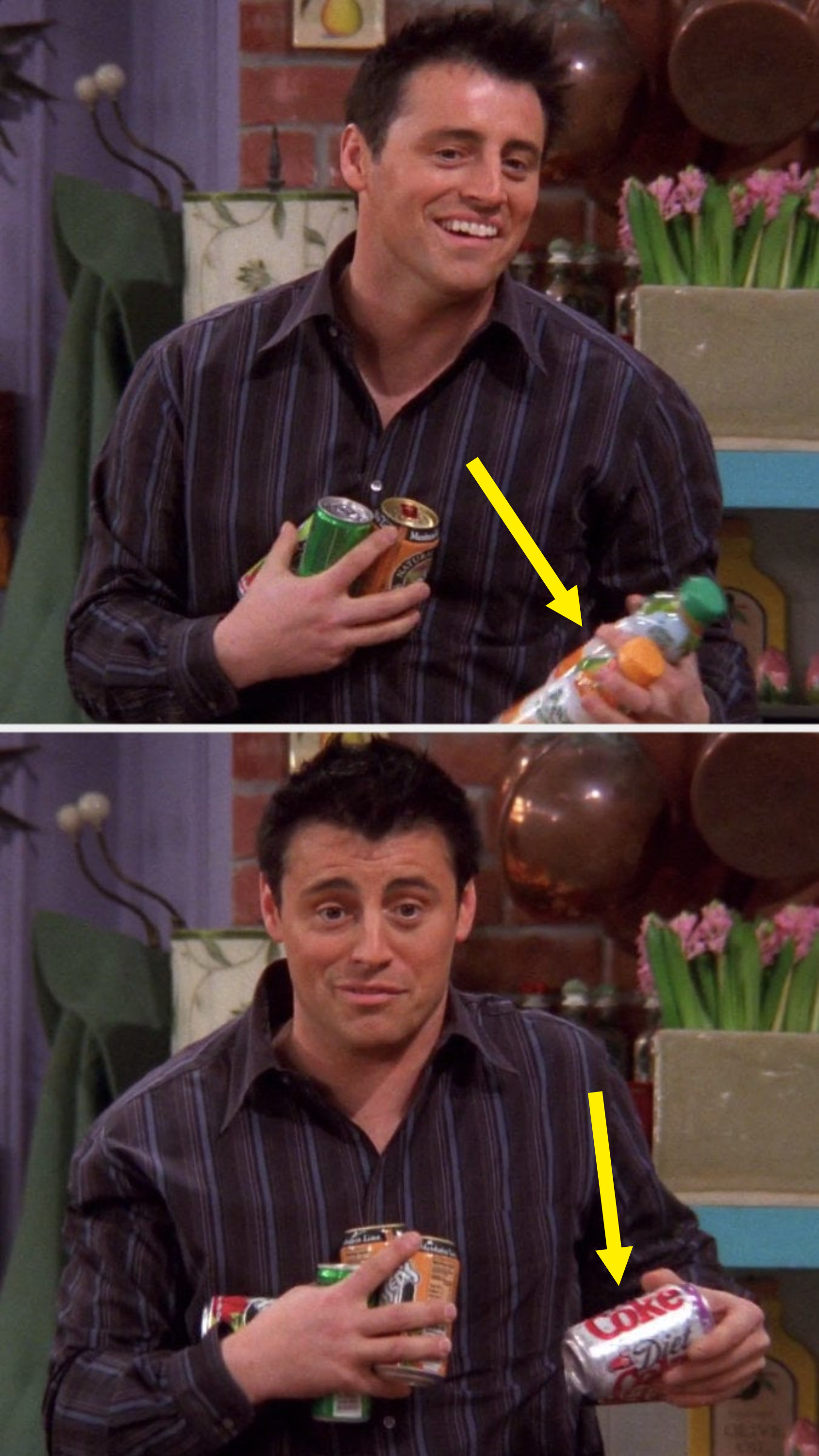 Joey is holding juice in his left hand, then he&#x27;s got Coke in his left hand