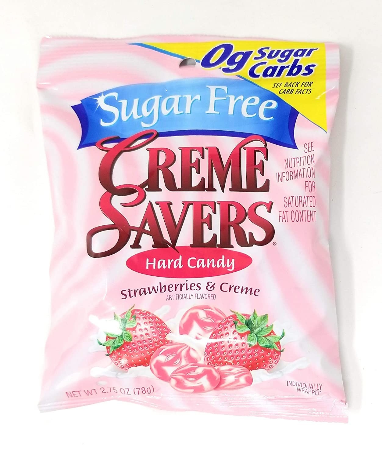 A bag of sugar-free strawberry and creme Creme Savers