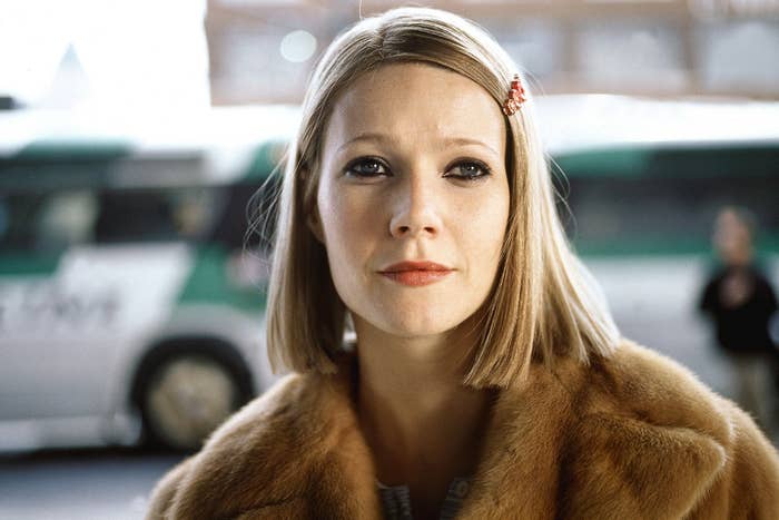 Gwyneth wearing a fur jacket and dark eyeliner in a scene from the film