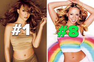 Mariah Carey is posing in both albums labeled "#1" on the left and "#8" on the right