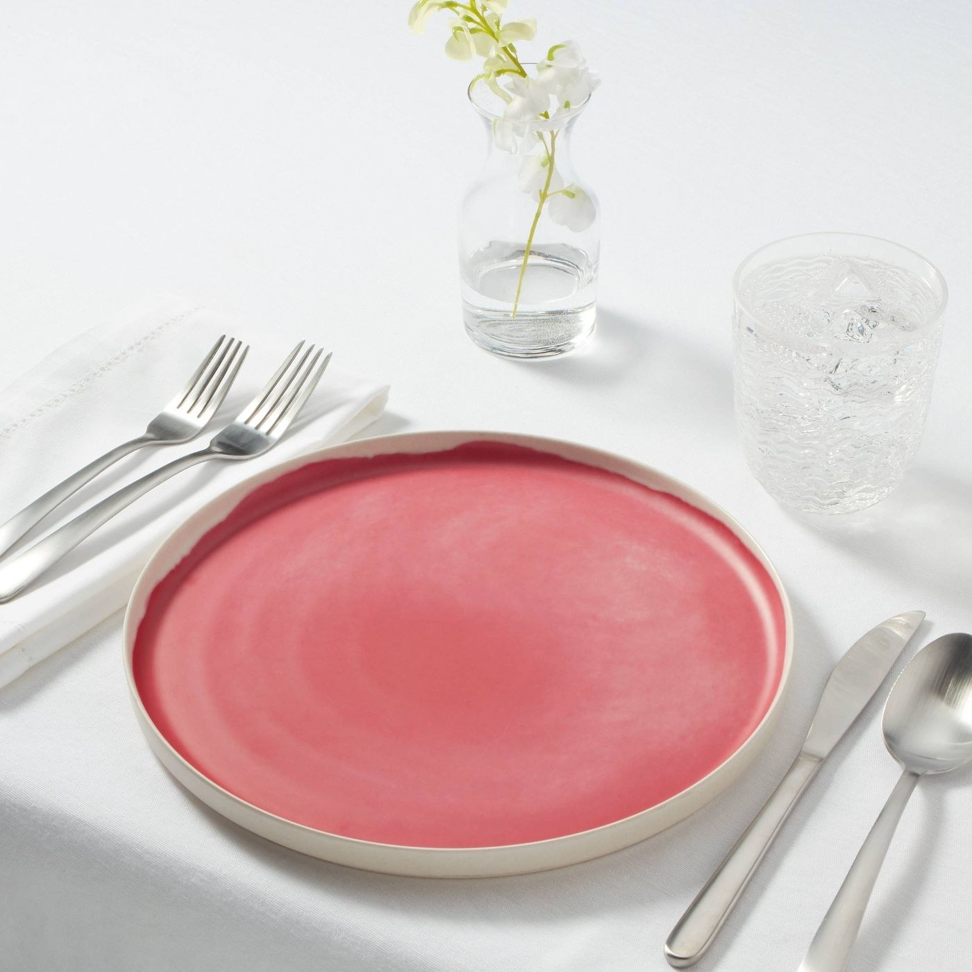 the pink plate on a table