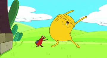 JAke and a small bug dancing from a scene in Adeventure Time