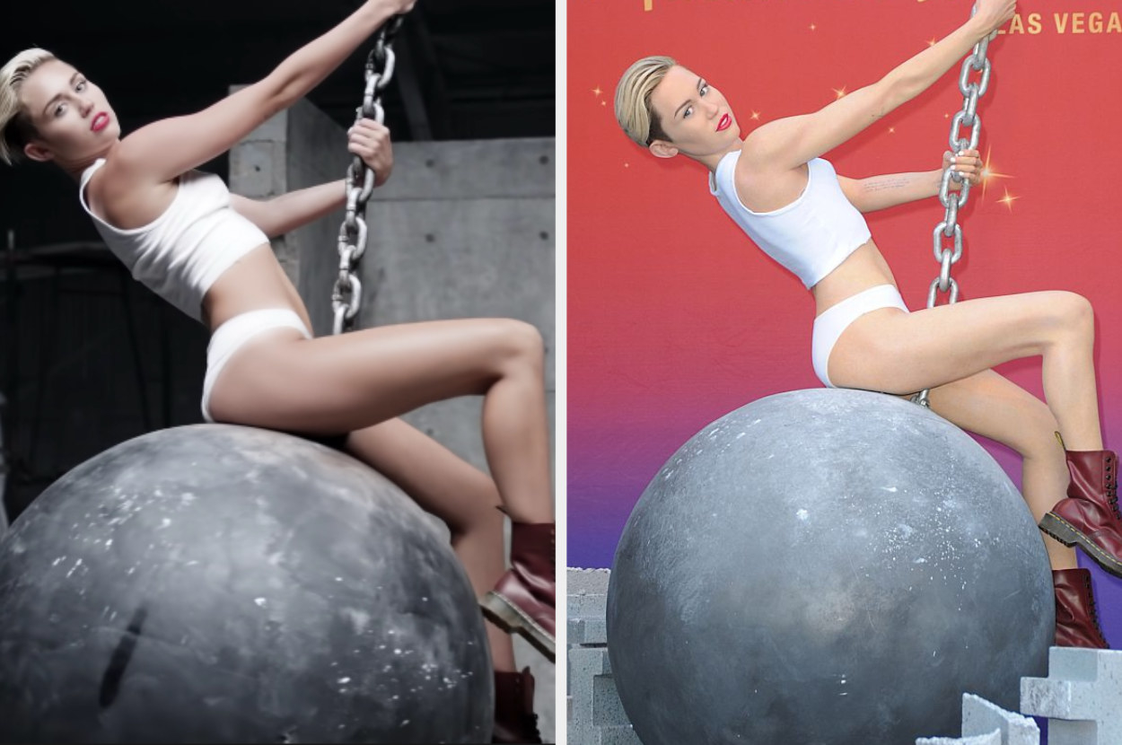 Miley Cyrus swinging on a wrecking ball in her &quot;Wrecking Ball&quot; music video and her wax figure on the right doing the same thing