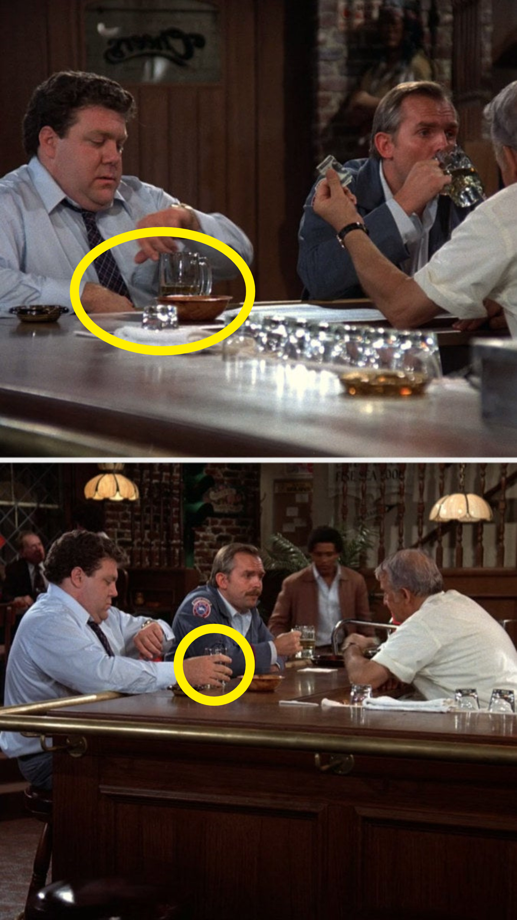 On &quot;Cheers&quot;, Norm&#x27;s hand isn&#x27;t on his glass, but in the next shot it is