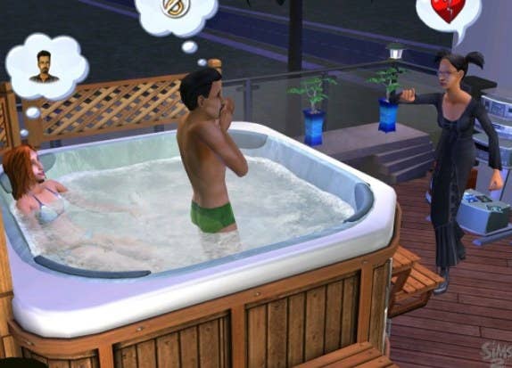 A man in a hot tub with another woman while his wife stands outside the hot tub yelling at him with a broken heart over her head
