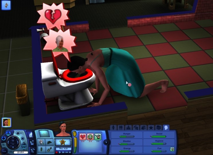  A sim woman throwing up in a toilet while thinking about heartbreak and her ex