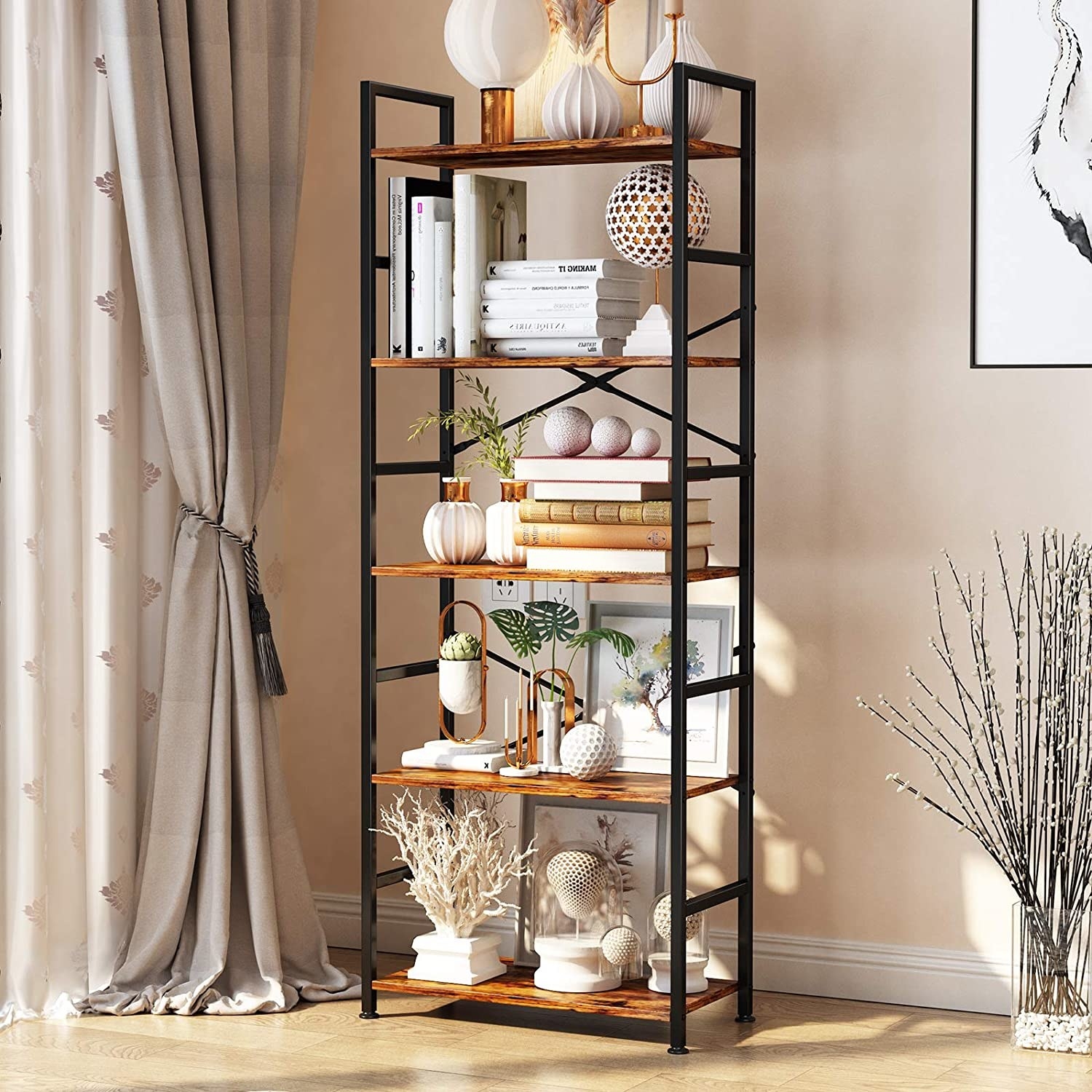 The five-tier tall bookcase in brown wood and metal