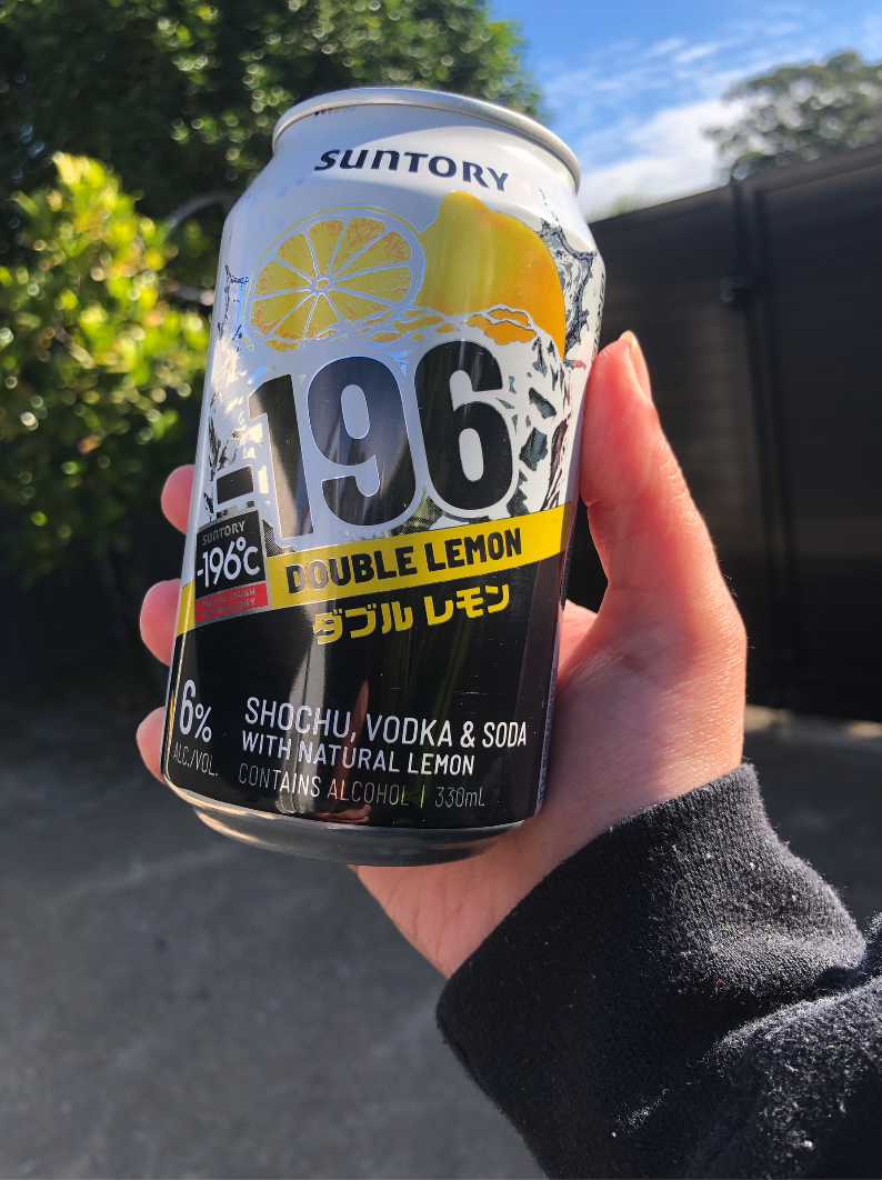 A hand holding a can of Minus 196 Double Lemon