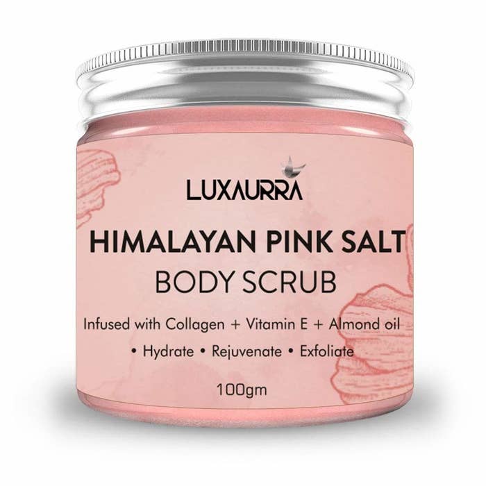 Himalayan Pink Salt body scrub infused with collagen, vitamin E, and almond oil.