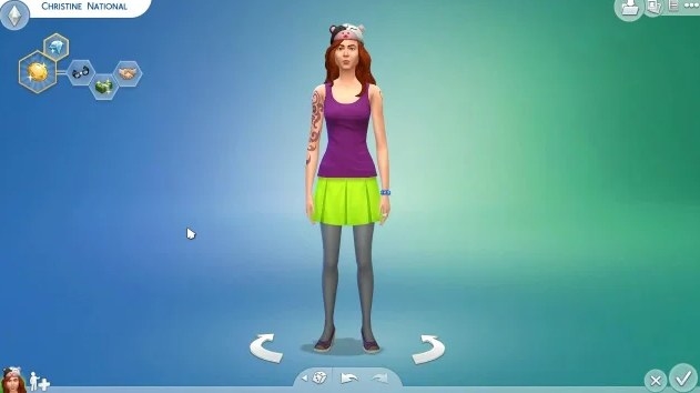 a sim woman wearing a lime green skirt and a cow hat