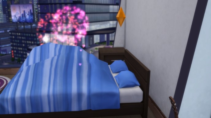 Two sims woohooing in an apartment while fireworks go off overhead