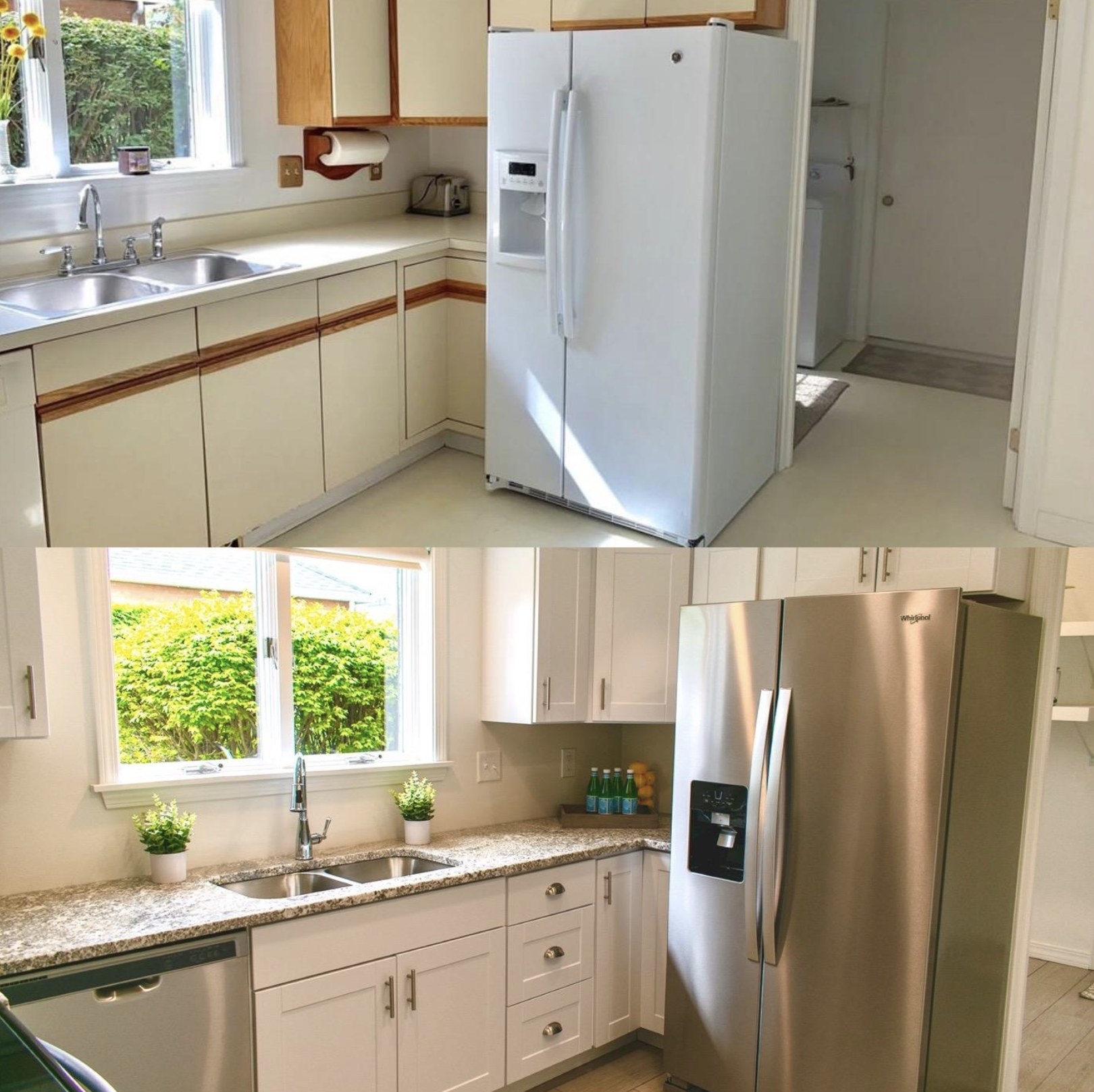 reviewer&#x27;s kitchen before and after installing the cabinet pulls