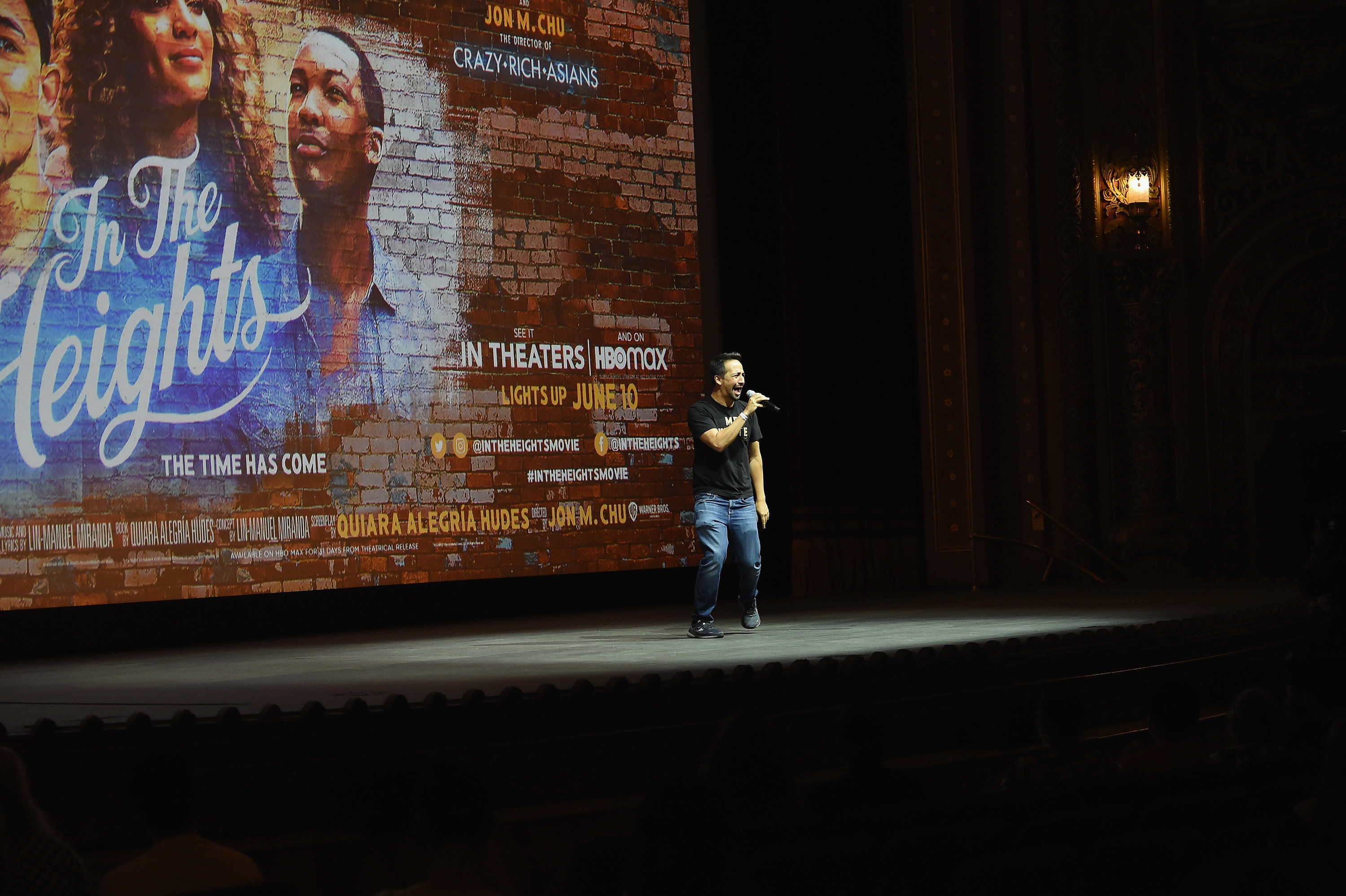 Actor/playwright/composer Lin-Manuel Miranda speaks onstage before a free screening of &quot;In the Heights&quot; at United Palace Theater on June 10, 2021 in New York City