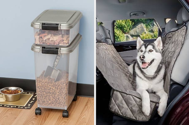 to the left: a dog food container, to the right: a dog in a hammock in the car