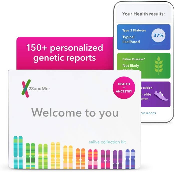 the 23andMe kit next to a phone with the app open