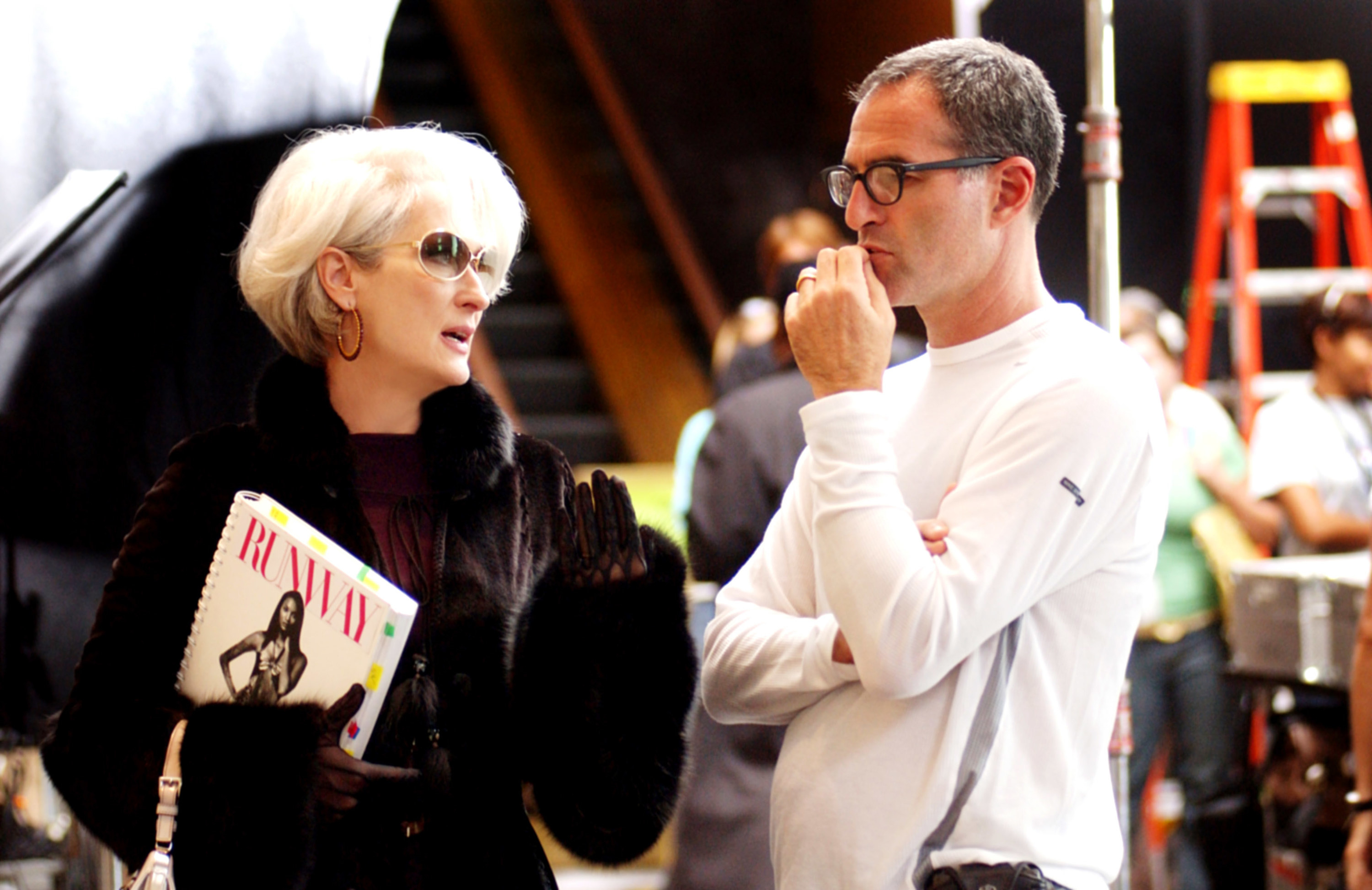 Meryl Streep speaks to Director David Frankel on set of &quot;The Devil Wears Prada&quot;