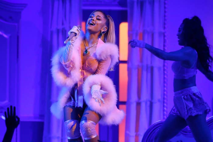 Ariana Grande sings on stage during the 2020 Grammy Awards