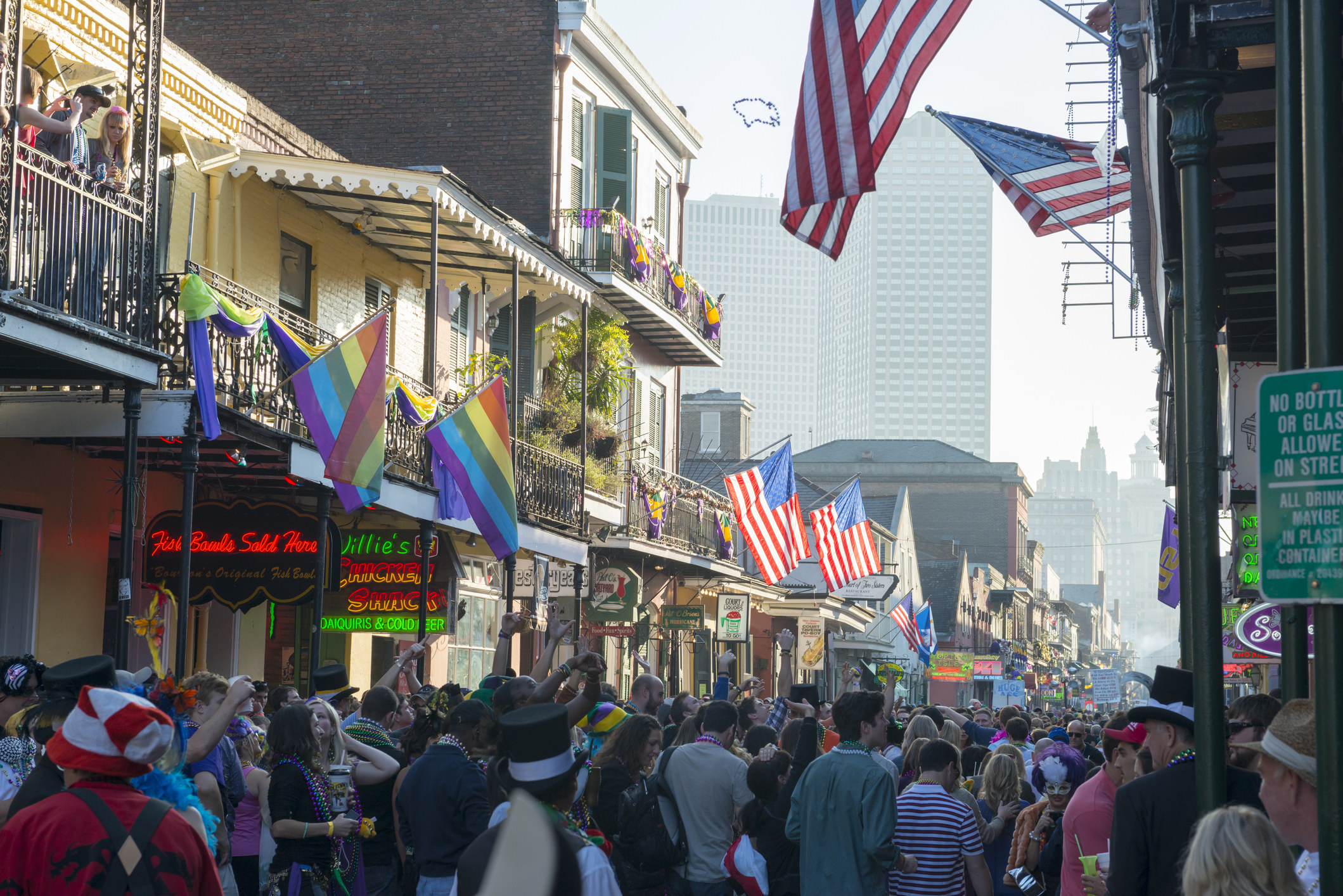 Crowded Bourbon Street in New Orleans for Mardi Gras
