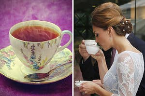 A steaming cup of tea on the left and kate middleton drinking tea on the right