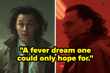 ""A fever dream one could only hope for" written over Loki in "Loki" Episode 2