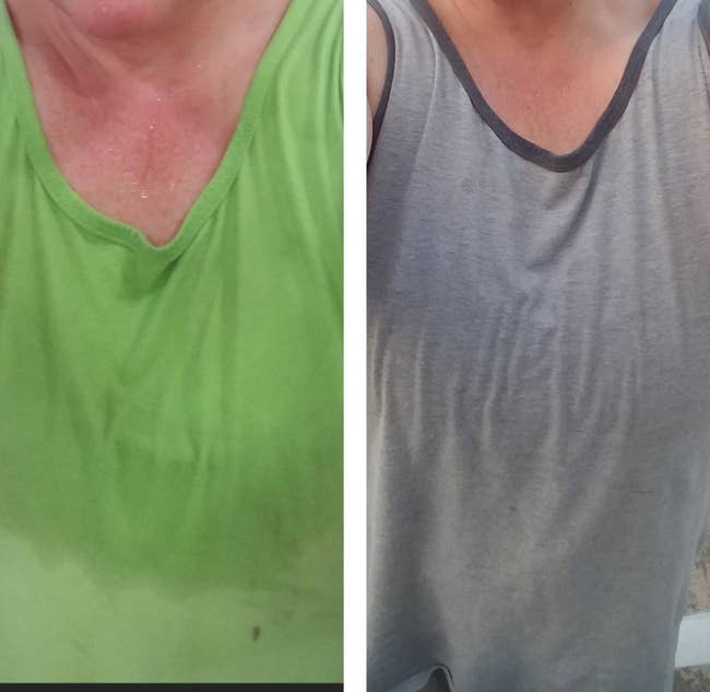 reviewer showing how sweaty they were in a green shirt and then after using the wipes with no sweat in a grey shirt