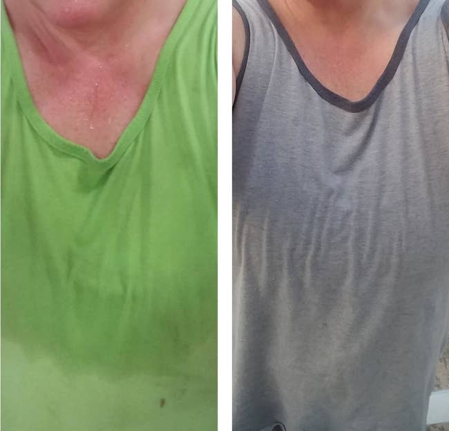 reviewer showing however sweaty they were successful a greenish garment and past aft utilizing the wipes with nary sweat successful a grey shirt