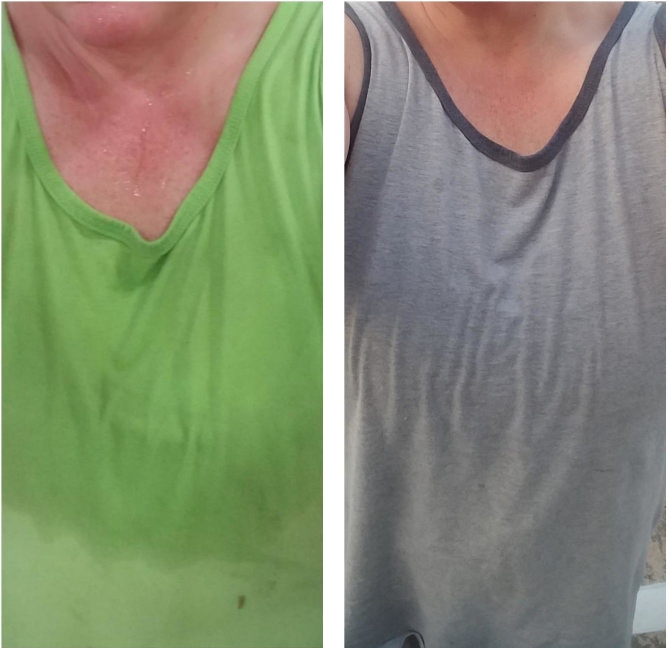 reviewer showing how sweaty they were in a green shirt and then after using the wipes with no sweat in a grey shirt