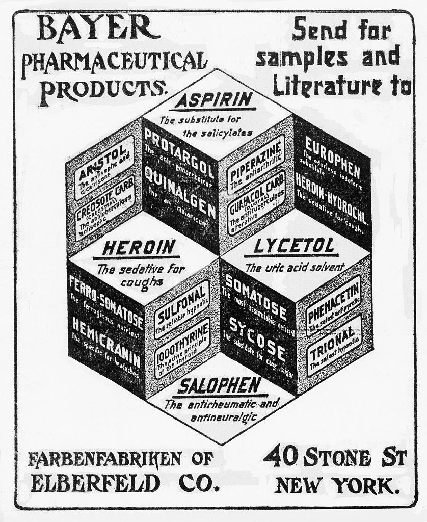 ad for Bayer Pharmaceuticals with heroin listed as a sedative for coughs