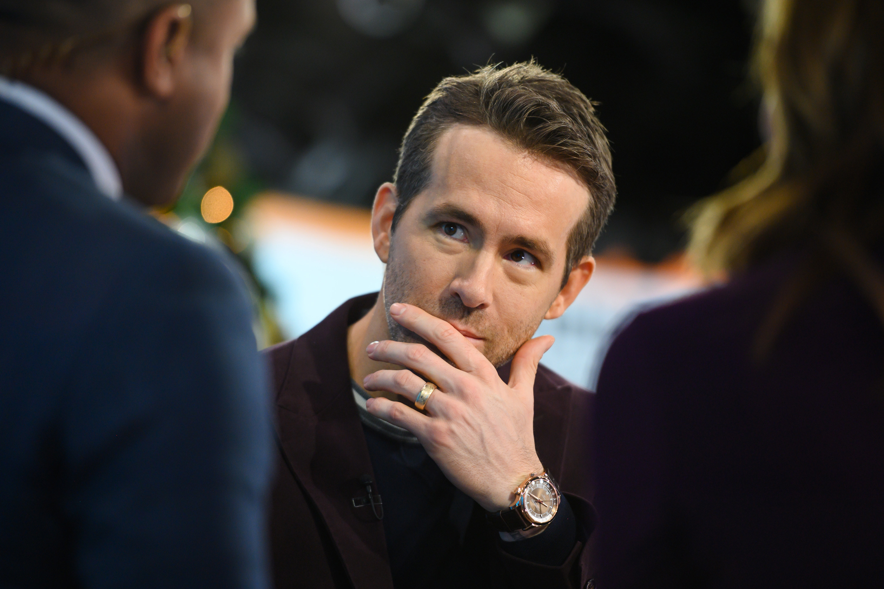 Ryan Reynolds, with his hand on his chin, ponders something while visiting &quot;The TODAY Show&quot;