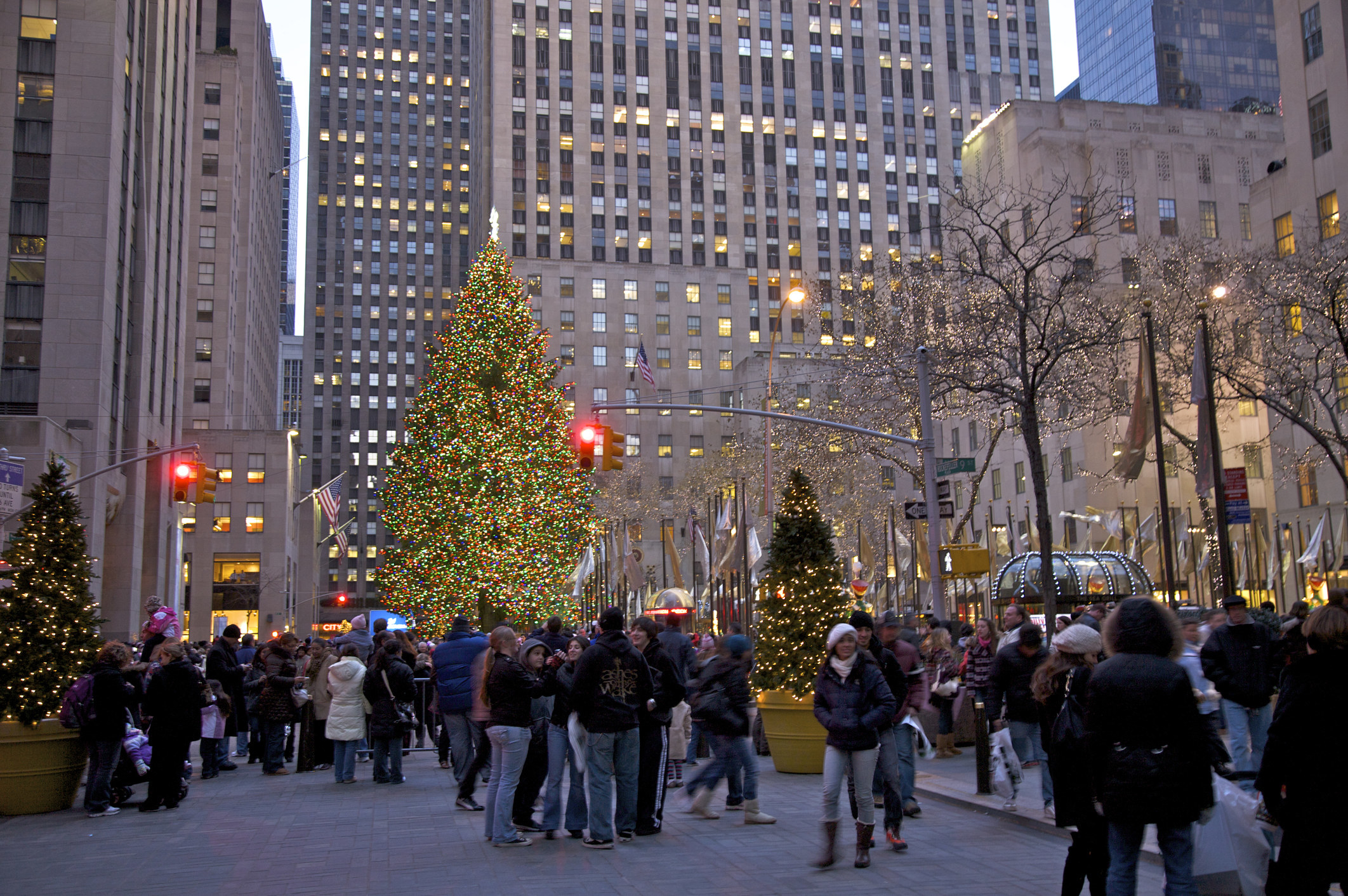 The Christmas tree lit up at Rockefeller Center