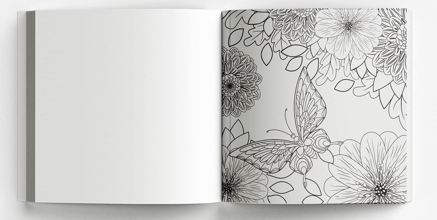 An open adult colouring book with a blank page on one side, and an uncoloured nature scene on the other.