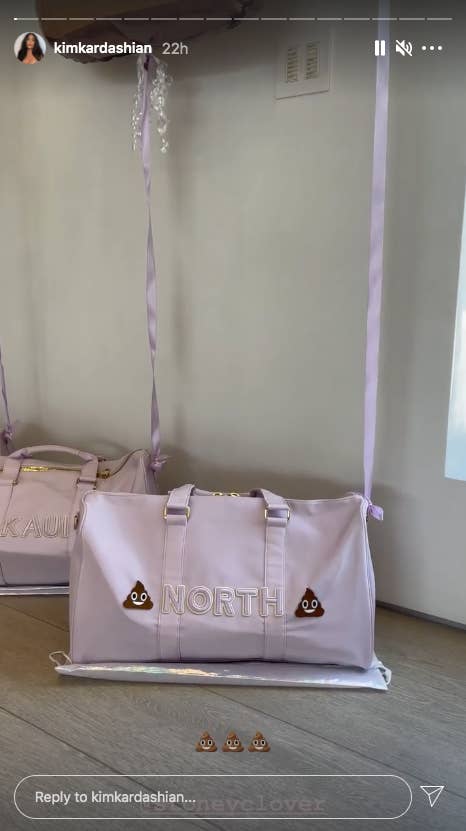 A pink duffel bag with "North" sewn onto the side is pictured
