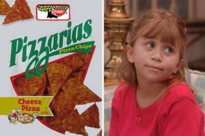 Pizzarias pizza chips on the left and michelle tanner on the right