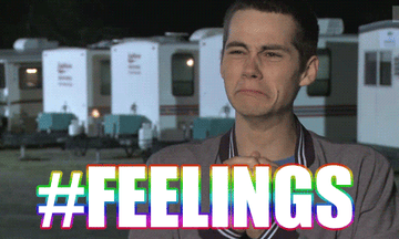 Dylan O&#x27;Brien&#x27;s face is scrunched up, as if he&#x27;s going to cry, with the word, &quot;#Feelings&quot; in rainbow coloring underlined him.