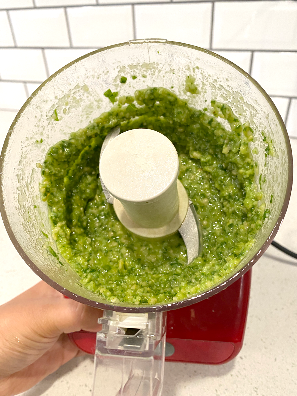 Image of my pesto, which is nicely blended to a cream-like consistency