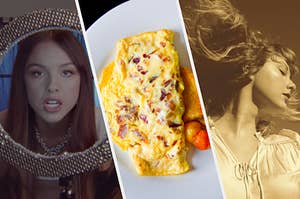 Olivia Rodrigo looks into her bedazzled ring light while putting on lipstick, a bacon, cheese, and egg omelette on a plate, and Taylor Swift, tinted in gold, stands with her head to the side with her hair flying around her head.