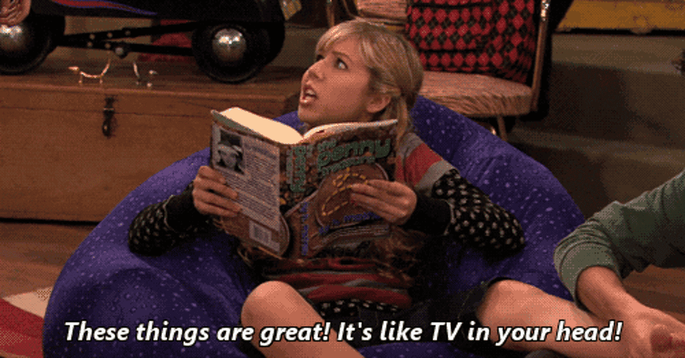 gif of sam from &quot;iCarly&quot; reading a book and saying, &quot;these things are great, it&#x27;s like TV in your head&quot;
