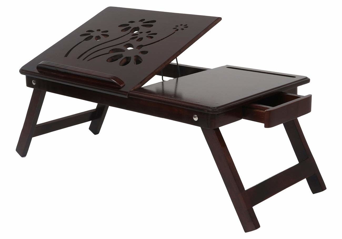 A foldable laptop table in walnut brown.