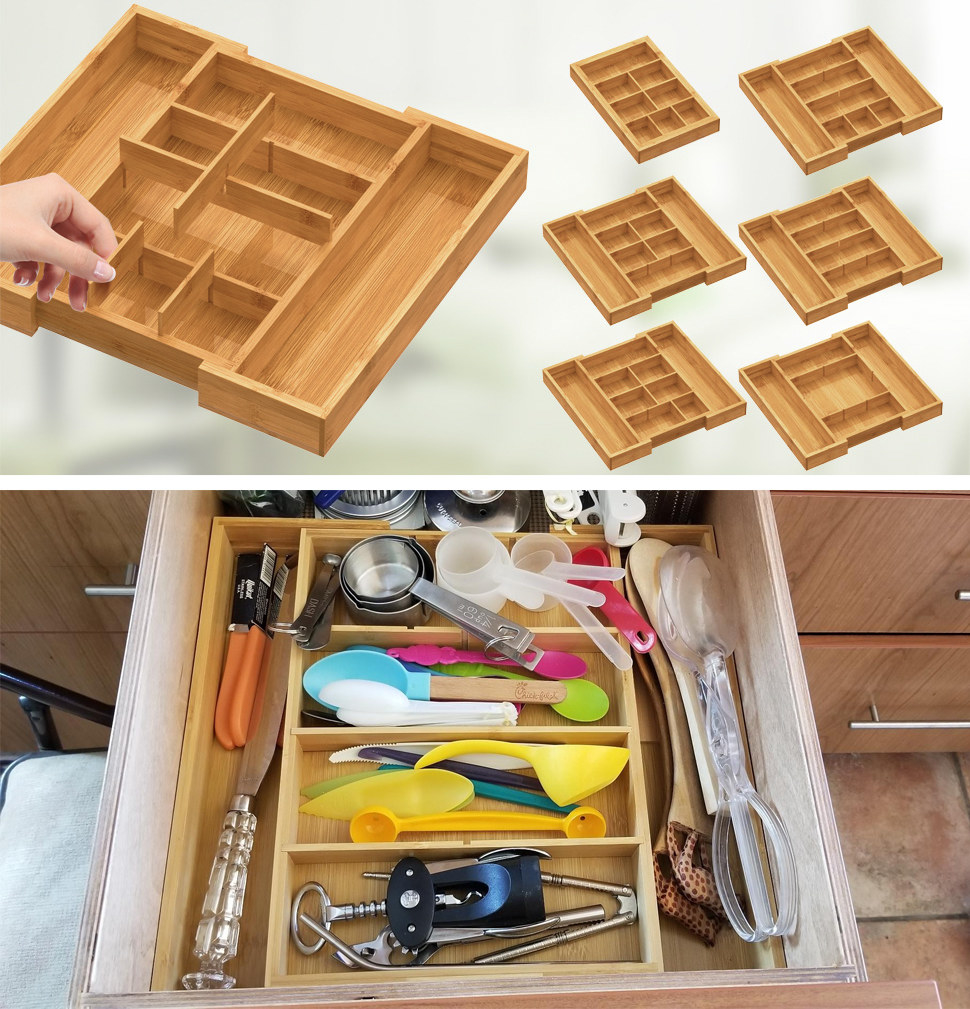 top: the insert; bottom: the insert in a reviewer&#x27;s drawer holding some cooking utensils on either side and others go in the four middle slots